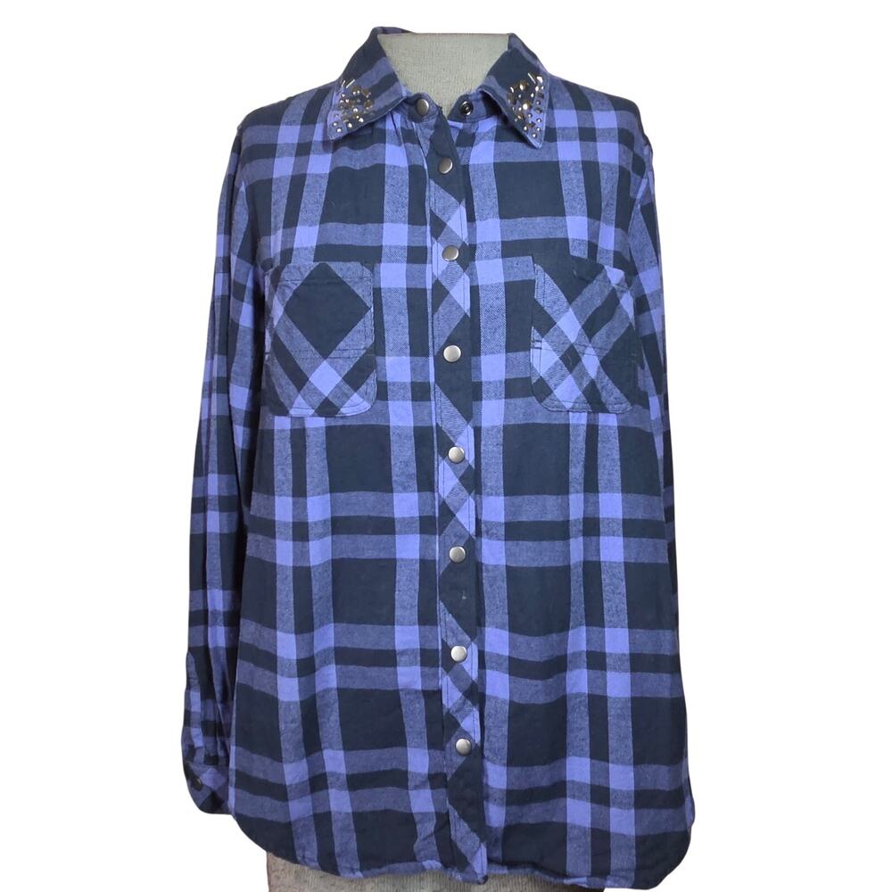 Plaid Cotton Flannel Snap Up Embellished Collar Size Medium